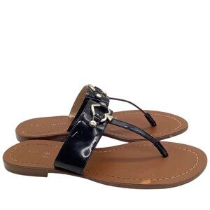 Kate Spade Cece Thong Sandals 6.5 Silver Logo Hardware Flat Flip Flops Neutral